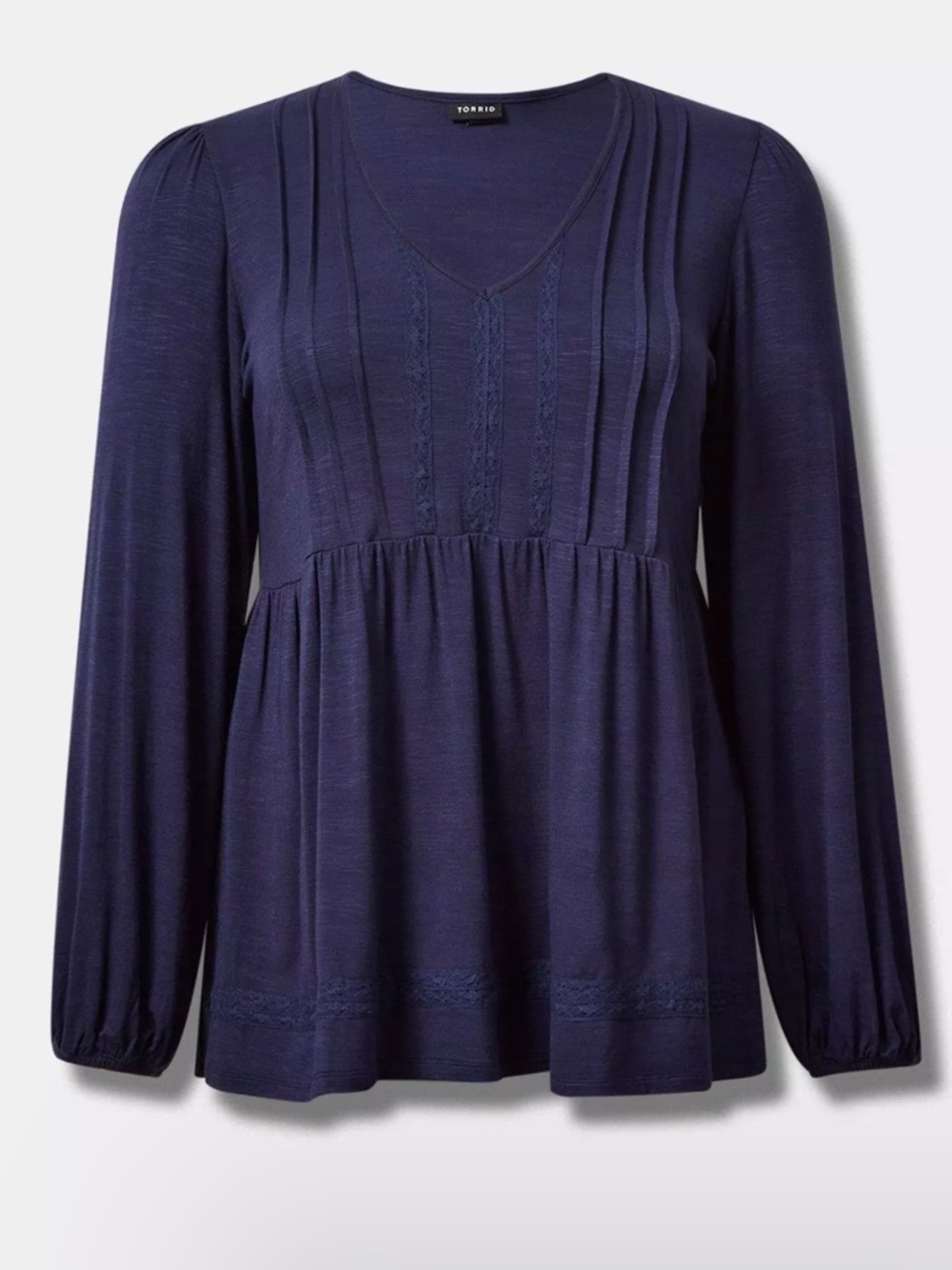 Torrid Slub Navy Pintuck Babydoll V-Neck Lace Insert Long Sleeve Top